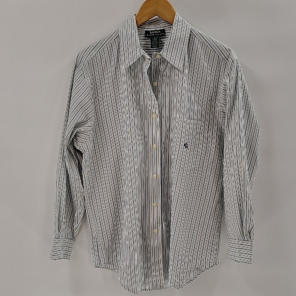 Lauren Ralph Lauren Button Up Blouse Size 12 Blue Stripe Cotton Collard Shirt
